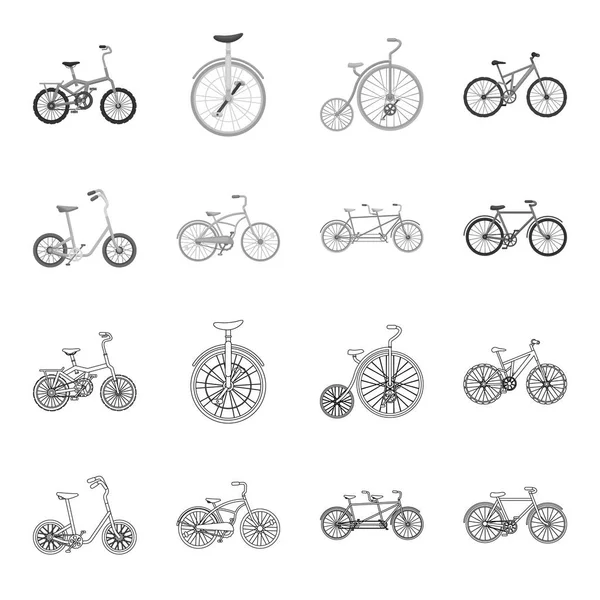 Bicicleta das crianças, um tandem dobro e outros tipos. ícones diferentes da coleção do jogo das bicicletas no esboço, web monocromático do símbolo do vetor do estilo da ilustração do estoque . — Vetor de Stock
