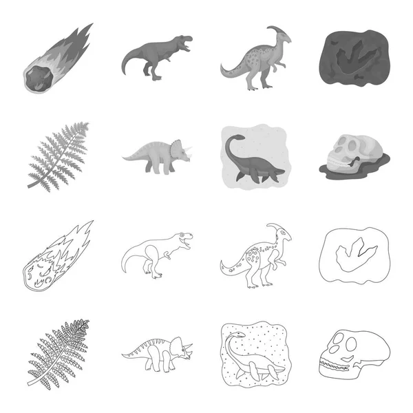 Dinosaure de mer, tricératops, plante préhistorique, crâne humain. Dinosaure et période préhistorique ensemble icônes de la collection dans les grandes lignes, monochrome style vectoriel symbole illustration web . — Image vectorielle