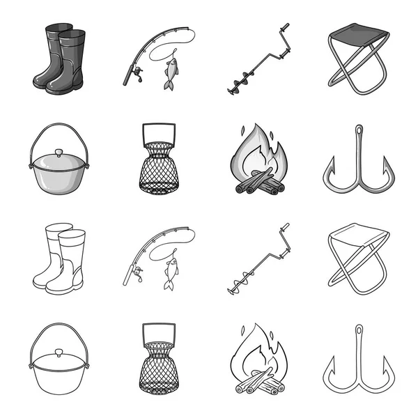 Fang, Haken, Netz, caster.fishing set Sammlung Symbole in Umriss, monochromen Stil Vektor Symbol Stock Illustration Web. — Stockvektor
