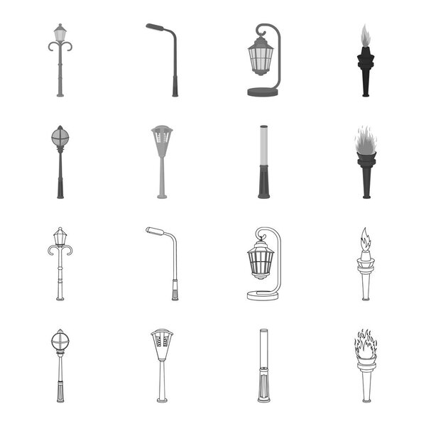 Lamppost in retro style, modern lantern, torch and other types of streetlights. Lamppost set collection icons in outline,monochrome style vector symbol stock illustration web.