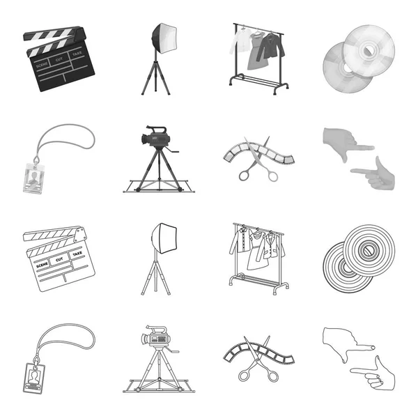 Abzeichen, Bedienergeste und anderes Zubehör für den Film. Herstellung von Filmset Sammlung Symbole in Umriss, monochromen Stil Vektor Symbol Stock Illustration Web. — Stockvektor