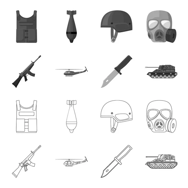 Fusil de asalto M16, helicóptero, tanque, cuchillo de combate. Militar y ejército conjunto de iconos de colección en el contorno, el estilo monocromo vector símbolo stock ilustración web . — Vector de stock