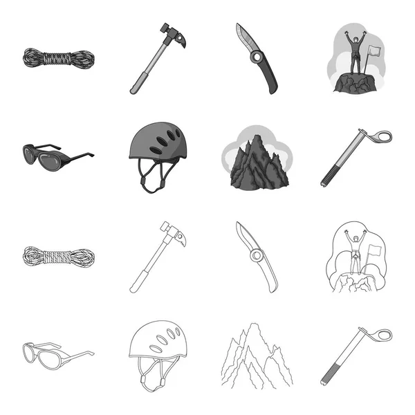 Helm, bril, wig veiligheid, pieken in de wolken. Alpinisme collectie iconen in overzicht, zwart-wit stijl vector symbool stock illustratie web instellen. — Stockvector