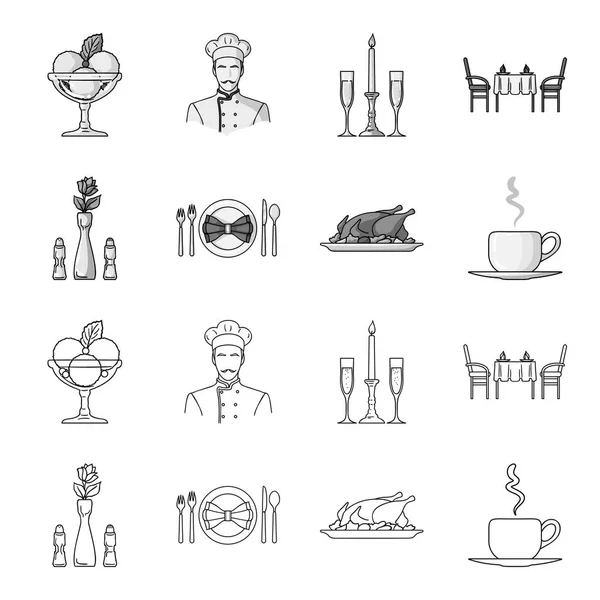 Vase avec une fleur, décor de table, poulet frit avec garniture, une tasse de café.Restaurant ensemble icônes de la collection dans le contour, monochrome style vectoriel symbole illustration web . — Image vectorielle