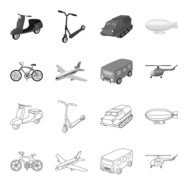 Fiets, vliegtuig, bus, helikopter vormen van vervoer. Transportset collectie iconen in overzicht, zwart-wit stijl vector symbool stock illustratie web. — Stockvector