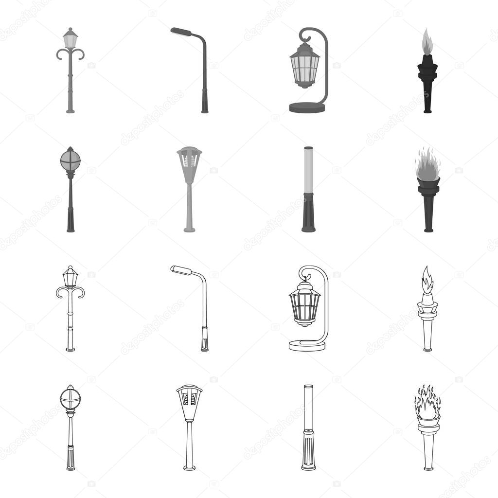 Lamppost in retro style, modern lantern, torch and other types of streetlights. Lamppost set collection icons in outline,monochrome style vector symbol stock illustration web.