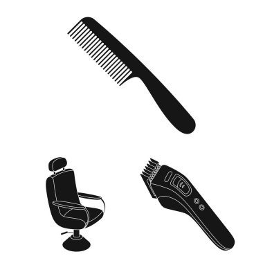 Berber ve ekipman set koleksiyonu tasarım için simgeler siyah. Saç kesimi ve tıraş sembol stok web illüstrasyon vektör.