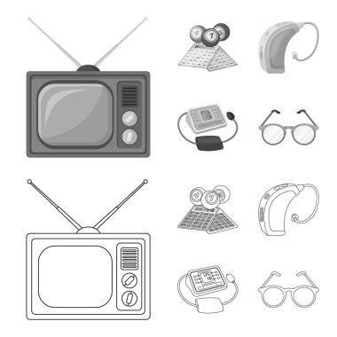 Piyango, işitme yardım, tonometer, gözlük. Yaşlılık toplama simgeler anahat, tek renkli stil vektör simge stok çizim web ayarla..