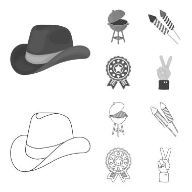 Barbekü, Selam, ebblema, zafer oylama. Vatansever gün toplama simgeler anahat, tek renkli stil vektör simge stok çizim web ayarla..