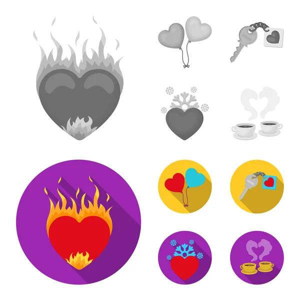 Corazón caliente, globos, una llave con encanto, un corazón frío. Romántico conjunto de iconos de colección en monocromo, vector de estilo plano símbolo stock ilustración web . — Archivo Imágenes Vectoriales