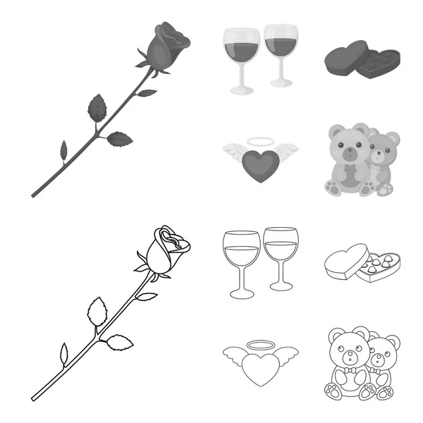 Glas med vin, choklad hjärtan, björnar, valentine. Romantik som samling ikoner i disposition, svartvit stil vektor symbol stock illustration web. — Stock vektor