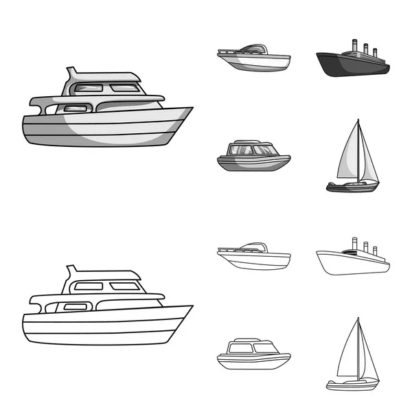 Hajó védelem, mentőcsónak, teher-gőzös, yacht sport. Hajók és vízi közlekedés készlet ikonok gyűjtemény-vázlat, fekete-fehér stílus vektor szimbólum stock illusztráció web. — Stock Vector