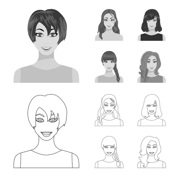 Types de coiffures féminines contour, icônes monochromes dans la collection ensemble pour le design. Apparence d'une femme vecteur symbole stock web illustration . — Image vectorielle