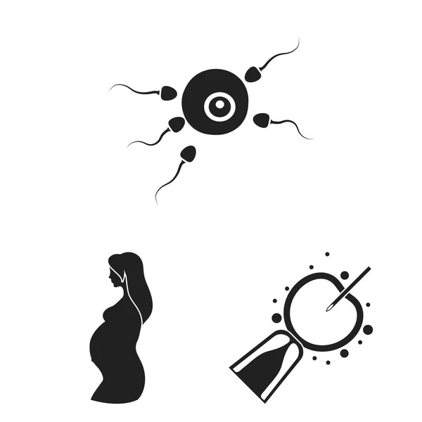 Frau und Schwangerschaft schwarze Ikonen in Set-Kollektion für Design. Gynäkologie und Geräte Vektor Symbol Stock Web Illustration. — Stockvektor