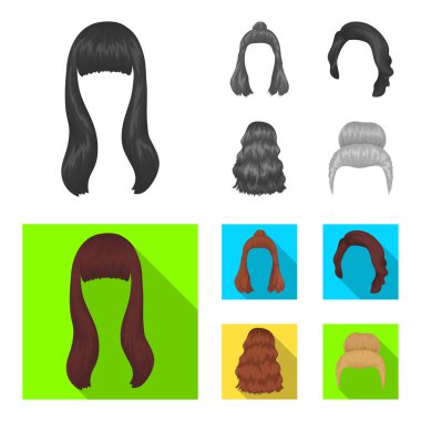 Saç uzun, kırmızı ve diğer türleri. Arka saç toplama simgeler tek renkli, düz stil vektör simge stok çizim web içinde ayarla..