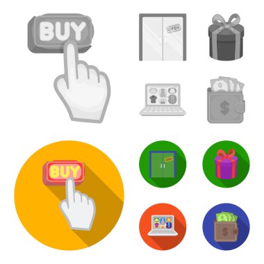 El, tıklayın, Asansör, Hediyelik, kutusu, kapı, online mağaza ve diğer ekipmanlar. E ticaret toplama simgeler tek renkli, düz stil vektör simge stok çizim web ayarla..