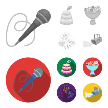 El bir kek krem, bir kablo ile bir mikrofon, bir buket gül bir tebrik kartı, bir festival selam ile yapmak. Etkinlik Hizmetleri toplama simgeler tek renkli, düz stil vektör simge stok ayarla.