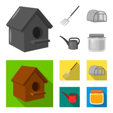 Kümes hayvanlarının, yaba, sera, sulama olabilir. Çiftlik toplama simgeler tek renkli, düz stil vektör simge stok çizim web ayarla..