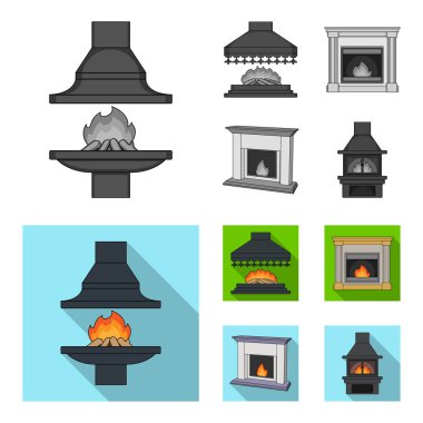 Yangın, sıcaklık ve konfor. Şömine toplama simgeler tek renkli, düz stil vektör simge stok çizim web ayarla..
