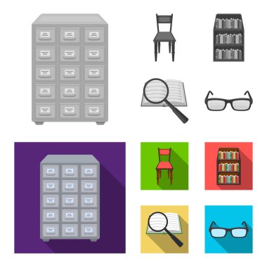 Dosya dolabı, sandalye, raflar kabine, bilgi arayın. Kütüphane ve kitap toplama simgeler tek renkli, düz stil vektör simge stok çizim web ayarla.