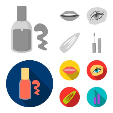 Tırnak Lehçe, renkli kirpikler, dudaklarla ruj, saç tokası. Makyaj toplama simgeler tek renkli, düz stil vektör simge stok çizim web ayarla..