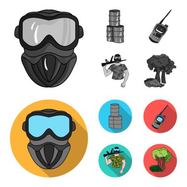 Ekipman, maske, varil, barikat. Paintball toplama simgeler tek renkli, düz stil vektör simge stok çizim web ayarla..