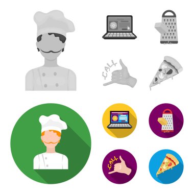 Yemek, telefonla, rendelenmiş peynir, bir yüz jest sipariş sipariş. Pizza ve pizza tek renkli, düz stil vektör simge stok çizim web simgeler ayarla.