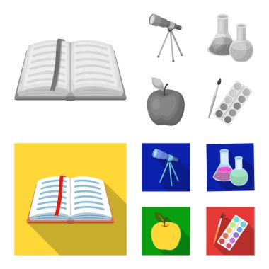 Bir yer imi, bir teleskop, şişeler ile reaktifler, kırmızı elma ile açık bir kitap. Okul ve eğitim tek renkli, düz stil vektör simge stok çizim web simgeler ayarla.