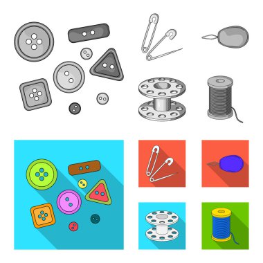 Düğmeleri, iğne, bobin ve iş parçacığı. Dikiş veya araçları terzilik tek renkli, düz stil vektör simge stok çizim web simgeler ayarla.