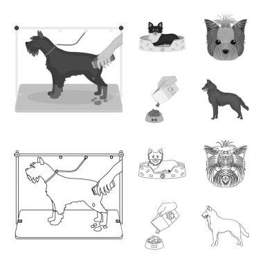 Bir tembel, bir namlu bir hayvan, bir besleme ile bir kase, çoban köpeği dişlerini bir top ile bir köpek. Evcil Hayvan, köpek bakım toplama simgeler anahat, tek renkli stil vektör simge stok çizim web ayarla.