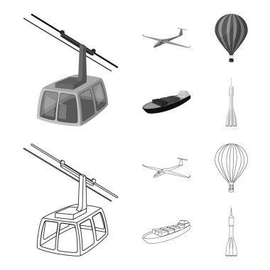 Bir dron, bir planör, bir balon, bir ulaşım mavna, bir uzay roketi taşıma modları. Taşıma anahat, tek renkli stil vektör simge stok çizim web simgeler kümesi.
