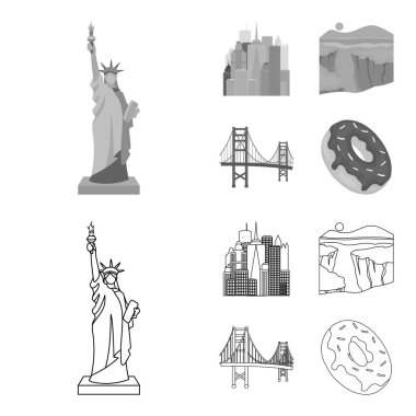 Bir megacity, Büyük Kanyon, golden gate Köprüsü, çörek çikolata ile. ABD ülke küme toplama simgeler anahat, tek renkli stil vektör simge stok çizim web.