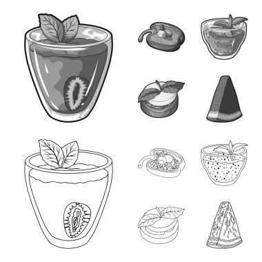 Tatlı Bulgar biber, vitamin içeceği, reçel Ahududu ve nane yaprakları ile karpuz bir parçası. Vejetaryen yemekleri toplama simgeler anahat, tek renkli stil vektör simge stok illüstrasyon ayarla.