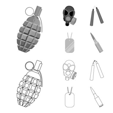 Gaz maskesi, nunchak, mühimmat, asker belirteci. Silah toplama simgeler anahat, tek renkli stil vektör simge stok çizim web ayarla..