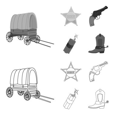 Yıldız Şerif, Colt, dinamit, kovboy çizme. Vahşi Batı toplama simgeler anahat, tek renkli stil vektör simge stok çizim web ayarla..