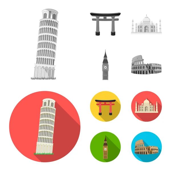 Lugares de interés de diferentes países monocromo, iconos planos en la colección de conjuntos para el diseño. Famoso edificio vector símbolo stock web ilustración . — Archivo Imágenes Vectoriales