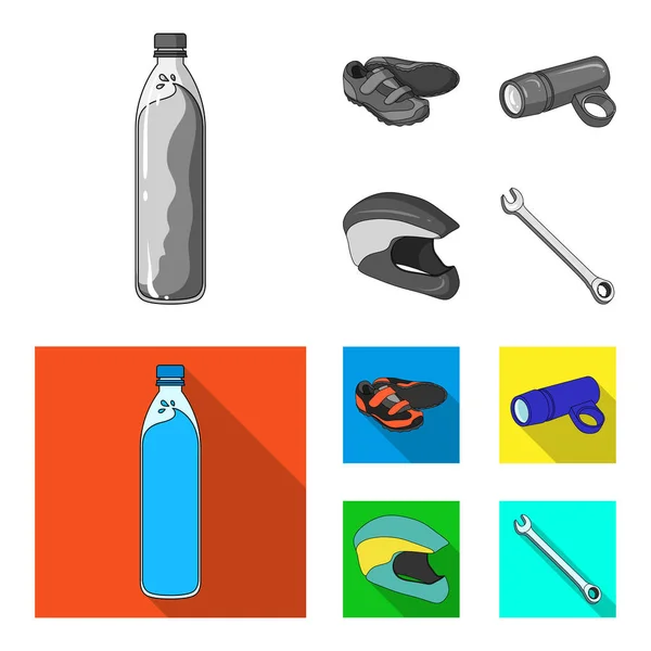 A bottle of water, sneakers, a flashlight for a bicycle, a protective helmet.Cyclist outfit set collection icons in monochrome,flat style vector symbol stock illustration web. — Stock Vector