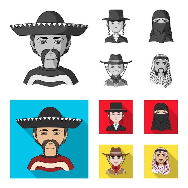 Um mexicano, um judeu, uma mulher do Médio Oriente, um americano. A raça humana conjunto coleção ícones em monocromático, estilo plano símbolo vetorial ilustração web . —  Vetores de Stock