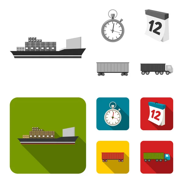 貨物船、ストップウォッチ、カレンダー、鉄道車。モノクロ、フラット スタイル ベクトル シンボル ストック イラスト web でロジスティック、セットのコレクションのアイコン. — ストックベクタ