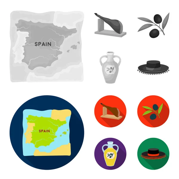 Карта Испании, хамон национальное блюдо, оливки на ветке, оливковое масло в бутылке. Испания иконки коллекции в монохромном, плоском стиле векторные символы фондового иллюстрации веб . — стоковый вектор