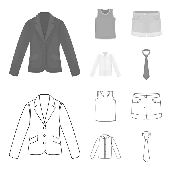 Camisa con mangas largas, pantalones cortos, camiseta, corbata. Conjunto de prendas de vestir iconos de la colección en el contorno, el estilo monocromo vector símbolo stock illustration web . — Vector de stock