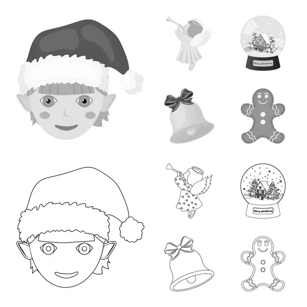 Ángel, cuenco de cristal, pan de jengibre y campana, iconos monocromáticos en la colección de conjuntos para el diseño. Navidad vector símbolo stock web ilustración . — Vector de stock