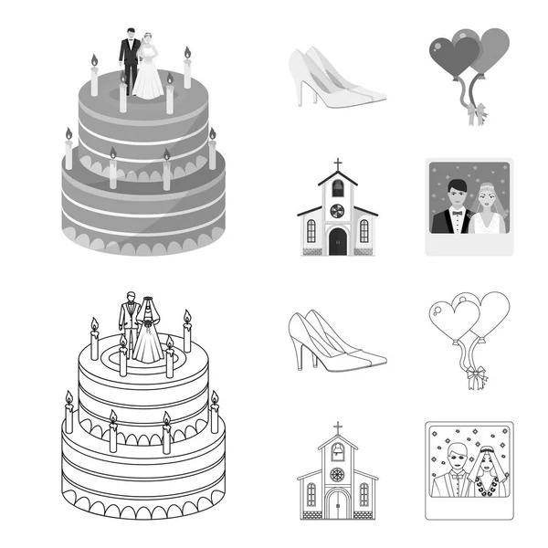 Boda y Atributos de dibujos animados, plano, contorno, iconos negros en la colección de conjuntos para design.Newlyweds y Accesorios símbolo vectorial stock ilustración web . — Archivo Imágenes Vectoriales