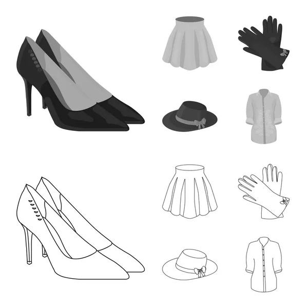 Rok met plooien, leren handschoentjes, vrouwen hoed met een strik, shirt op de bevestiger. Vrouwen kleding instellen collectie iconen in overzicht, zwart-wit stijl vector symbool stock illustratie web. — Stockvector