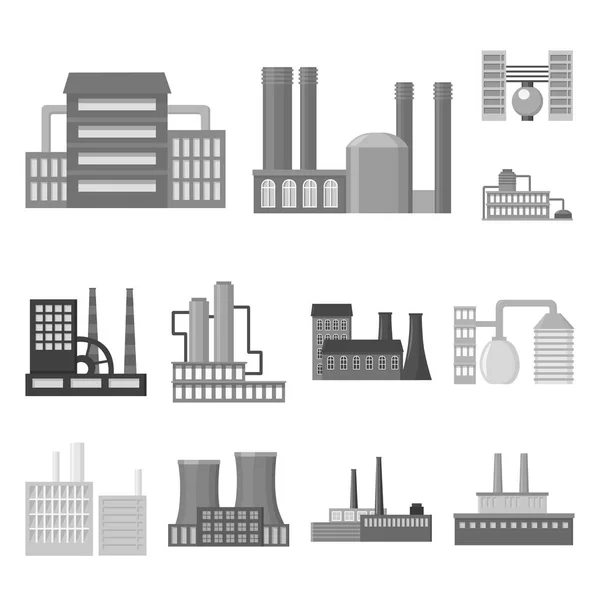 Fabriek en faciliteiten zwart-wit pictogrammen in set collectie voor design. Fabriek en apparatuur symbool voorraad web vectorillustratie. — Stockvector