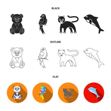 Panda.popugay, Panter, yunus. Hayvan koleksiyonu Icons set siyah, düz, anahat stili vektör simge stok çizim web.