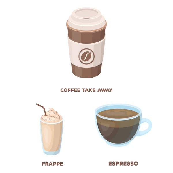 Diferentes tipos de ícones de desenhos animados de café na coleção de conjuntos para design. Café bebida vetor símbolo web ilustração . — Vetor de Stock