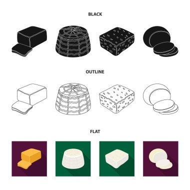 Mozzarella peyniri, beyaz peynir, kaşar peyniri, ricotta. Peynir farklı türde koleksiyon Icons set siyah, düz, anahat stili vektör simge stok çizim web.