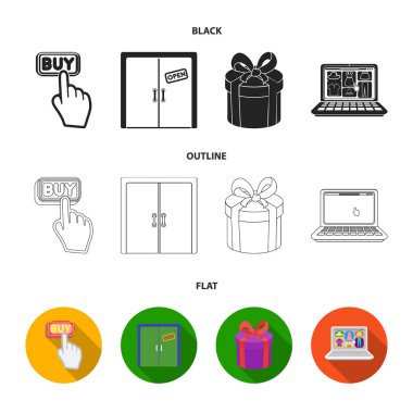 El, tıklayın, Asansör, Hediyelik, kutusu, kapı, online mağaza ve diğer ekipmanlar. E ticaret koleksiyonu Icons set siyah, düz, anahat stili vektör simge stok çizim web.