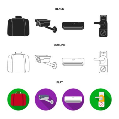 Bagaj, güvenlik kamerası, Klima, işareti rahatsız etmeyin. Otel koleksiyonu Icons set siyah, düz, anahat stili vektör simge stok çizim web.